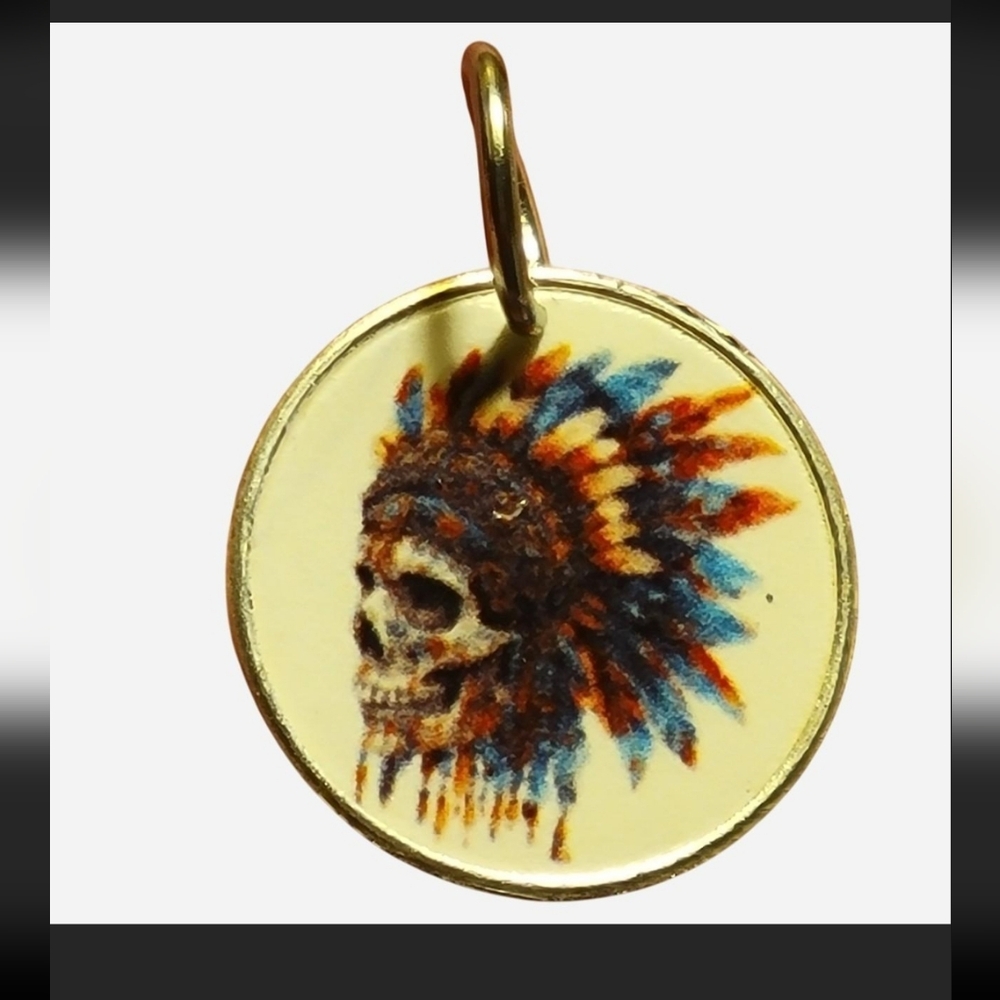 999 Pure Fine Silver Native American Indian skull pendant - New - 18mm - 1g